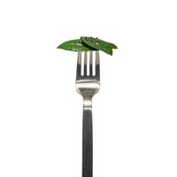 Green fresh leaves picked by a fork for eating as new vegan food isolated at white background. Concept of healthy food, vitamins and healthy vegan life. photo