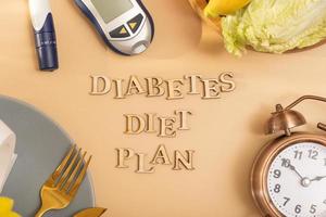 Diabetes diet plan text with plate and cutlery, glucose meter on beige background flat lay, top view photo