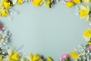 Spring flowers flat lay frame composition on colored background with copy space. Daffodils and willow with carnations top view photo