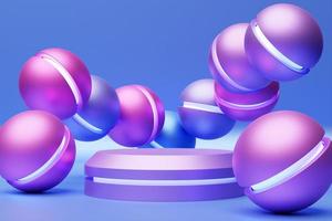 Product stand, pedestal, frame around flying spheres, Vaporwave art concept, 3D rendering. photo