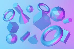 Set of 3D realistic primitives on a blue background. Isolated graphic elements. Spheres, torus, tubes, cones and other geometric shapes in pink, holographic color glass for trendy designs. photo