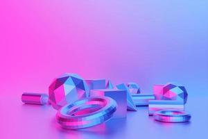 Set of 3D realistic primitives on a blue background. Isolated graphic elements. Spheres, torus, tubes, cones and other geometric shapes in pink, holographic color glass for trendy designs. photo