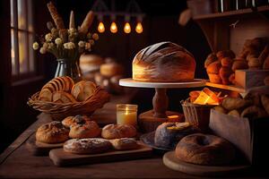 bakery interior with display counters full of scrumptious bread and pastries. Shop a patisserie or bakery with croissants, apple pies, waffles, and churros. Freshly baked pastries. photo