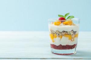 homemade mango and raspberry with yogurt and granola photo