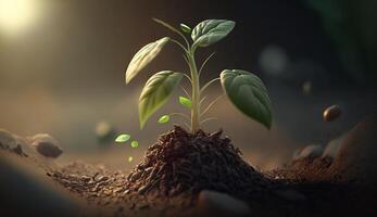 un joven planta crece desde el suelo. generativo ai foto