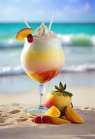 cócteles en un lujo tropical vacaciones. tropical frutas con Fresco jugo cócteles en masón frascos en un de madera mesa en un arena playa y mar antecedentes. generativo ai foto