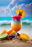 cocktails on a luxury tropical vacation. Tropical fruits with fresh juice cocktails in mason jars on a wooden table on a sand beach and sea background. photo