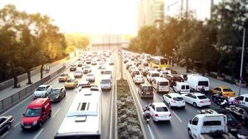 Car traffic jam on the highway, intensive traffic, selective focus, noise effect, time lapse video