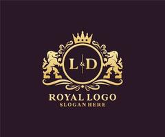 Initial LD Letter Lion Royal Luxury Logo template in vector art for Restaurant, Royalty, Boutique, Cafe, Hotel, Heraldic, Jewelry, Fashion and other vector illustration.