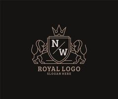 Initial NW Letter Lion Royal Luxury Logo template in vector art for Restaurant, Royalty, Boutique, Cafe, Hotel, Heraldic, Jewelry, Fashion and other vector illustration.