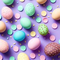 Top view photo of easter decorations multicolored easter eggs on isolated pastel background. Colorful Easter Egg bottom border over a pastel paper banner background. i