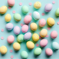 Top view photo of easter decorations multicolored easter eggs on isolated pastel background. Colorful Easter Egg bottom border over a pastel paper banner background. i