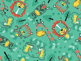 seamless pattern of hand drawn funny animals cartoon, jungle elements illustration vector