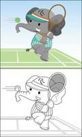 gracioso elefante dibujos animados jugando tenis, colorante libro o página vector