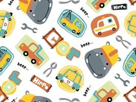 seamless pattern vector of cartoon vehicles with funny hippo face, transport elements illustration