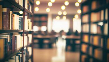 Abstract blurred public library interior space. blurry room with bookshelves by defocused effect. use for background or backdrop in business or education concepts. Generative Ai photo