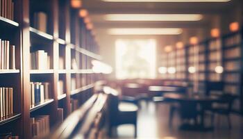 Abstract blurred public library interior space. blurry room with bookshelves by defocused effect. use for background or backdrop in business or education concepts. photo