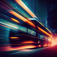 A bus is moving along a city street with long exposures of the lights on the bus and the building behind the train. the bus transportation system, high-speed. photo