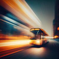 un autobús es Moviente a lo largo un ciudad calle con largo exposiciones de el luces en el autobús y el edificio detrás el tren. el autobús transporte sistema, alta velocidad. generativo ai foto