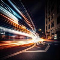 un autobús es Moviente a lo largo un ciudad calle con largo exposiciones de el luces en el autobús y el edificio detrás el tren. el autobús transporte sistema, alta velocidad. generativo ai foto