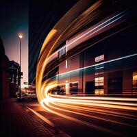 un autobús es Moviente a lo largo un ciudad calle con largo exposiciones de el luces en el autobús y el edificio detrás el tren. el autobús transporte sistema, alta velocidad. generativo ai foto