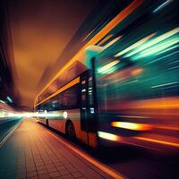 un autobús es Moviente a lo largo un ciudad calle con largo exposiciones de el luces en el autobús y el edificio detrás el tren. el autobús transporte sistema, alta velocidad. generativo ai foto