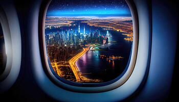 beautiful sky view from a window plane on a flight to travel with navy blue sky and clouds background. photo