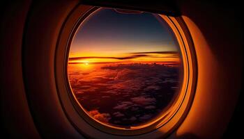 beautiful sky view from a window plane on a flight to travel with navy blue sky and clouds background. photo