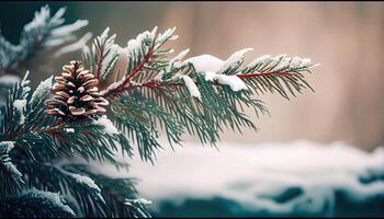 abeto rama con pino cono y nieve copos - Navidad Días festivos antecedentes. escarchado Navidad árbol al aire libre. invierno fondo, de cerca de escarchado pino rama en nevando con Copiar espacio. generativo ai. foto