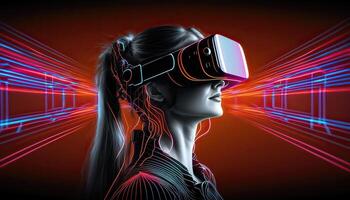 Woman wearing virtual reality goggles standing in virtual world background. Concept of virtual reality technology. Non-existent person. photo
