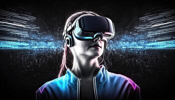 Woman wearing virtual reality goggles standing in virtual world background. Concept of virtual reality technology. Non-existent person. photo