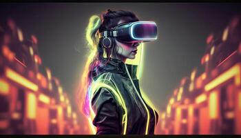 Woman wearing virtual reality goggles standing in virtual world background. Concept of virtual reality technology. Non-existent person. photo