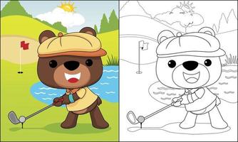 Vector illustration of cute bear cartoon playing golf, coloring book or page