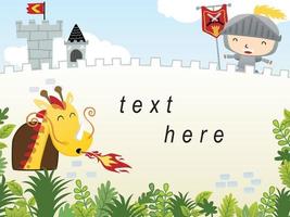 Funny dragon cartoon with little knight in castle. Template with fairytale elements illustration vector