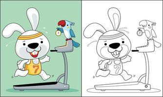 Vector cartoon of funny bunny run on treadmill, bird holding timer, coloring book or page