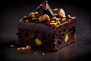 A stack of chocolate brownies on white background, homemade bakery, and dessert. Bakery, confectionery concept. Chocolate spongy brownie cakes with walnuts. . photo