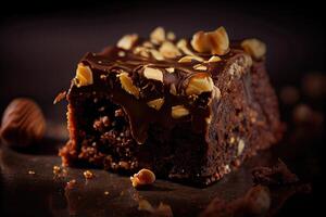 A stack of chocolate brownies on white background, homemade bakery, and dessert. Bakery, confectionery concept. Chocolate spongy brownie cakes with walnuts. . photo