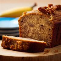 Homemade banana bread on wooden background. Banana Bread Nut Loaf. banana bread loaf that is sliced into with one slice in front. photo