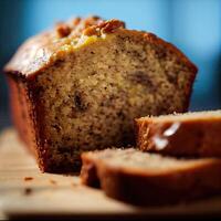 Homemade banana bread on wooden background. Banana Bread Nut Loaf. banana bread loaf that is sliced into with one slice in front. photo