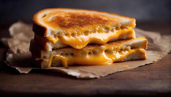 Close-up of a grilled cheese with melted cheese in a wood plate. homemade grilled cheese sandwich for breakfast. Tasty toast sandwiches with cheese on wooden table. photo