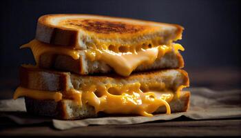 Close-up of a grilled cheese with melted cheese in a wood plate. homemade grilled cheese sandwich for breakfast. Tasty toast sandwiches with cheese on wooden table. photo