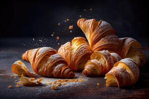 Tasty croissants on black background. Delicious breakfast with fresh croissants. set of freshly baked croissants on a wooden table. Homemade croissants. photo