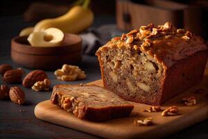 Homemade banana bread on wooden background. Banana Bread Nut Loaf. banana bread loaf that is sliced into with one slice in front. photo