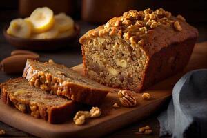 Homemade banana bread on wooden background. Banana Bread Nut Loaf. banana bread loaf that is sliced into with one slice in front. photo