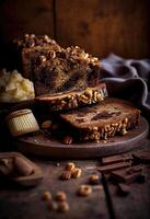 Pieces of American homemade sliced banana bread with chopped walnuts, chocolate, and cinnamon. Stack of pieces of bread. Breakfast concept. photo
