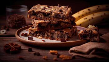 Pieces of American homemade sliced banana bread with chopped walnuts, chocolate, and cinnamon. Stack of pieces of bread. Breakfast concept. photo