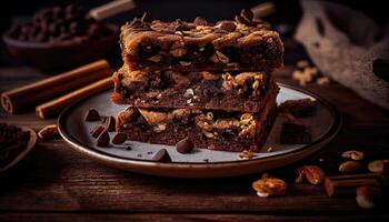 Pieces of American homemade sliced banana bread with chopped walnuts, chocolate, and cinnamon. Stack of pieces of bread. Breakfast concept. photo