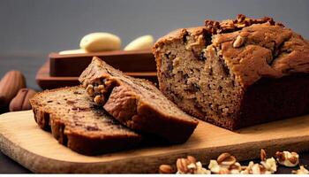 Pieces of American homemade sliced banana bread with chopped walnuts, chocolate, and cinnamon. Stack of pieces of bread. Breakfast concept. photo