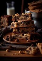 Pieces of American homemade sliced banana bread with chopped walnuts, chocolate, and cinnamon. Stack of pieces of bread. Breakfast concept. photo