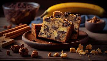 Pieces of American homemade sliced banana bread with chopped walnuts, chocolate, and cinnamon. Stack of pieces of bread. Breakfast concept. photo